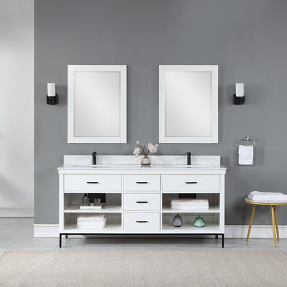 Kesia 72" Double Bathroom Vanity Set in White with Aosta White Engineered Stone Countertop with Mirror