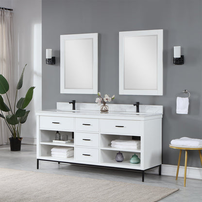 Kesia 72" Double Bathroom Vanity Set in White with Aosta White Engineered Stone Countertop with Mirror