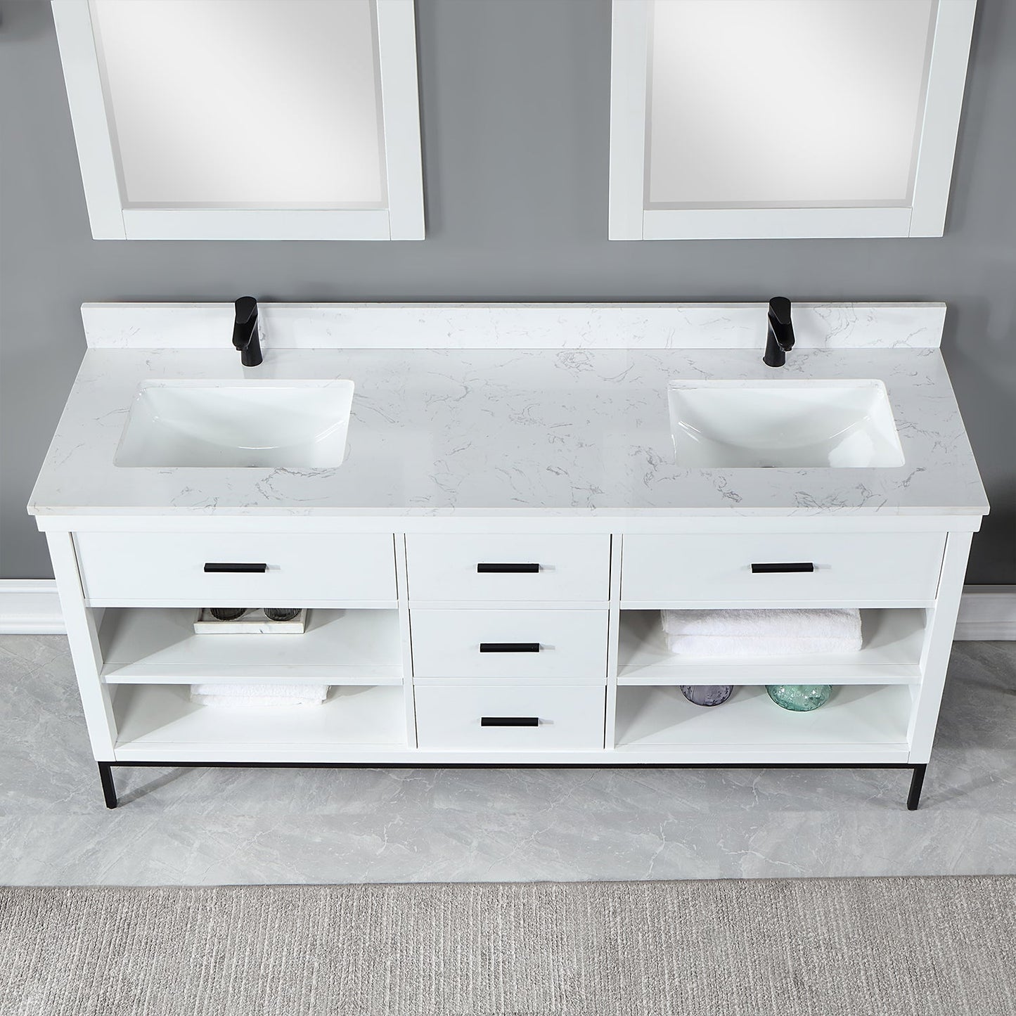 Kesia 72" Double Bathroom Vanity Set in White with Aosta White Engineered Stone Countertop with Mirror