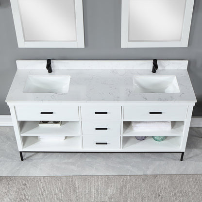 Kesia 72" Double Bathroom Vanity Set in White with Aosta White Engineered Stone Countertop with Mirror
