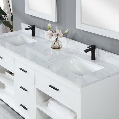 Kesia 72" Double Bathroom Vanity Set in White with Aosta White Engineered Stone Countertop with Mirror