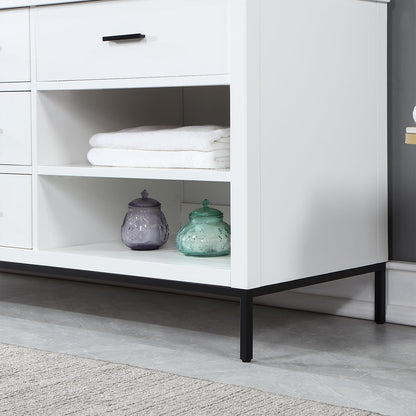Kesia 72" Double Bathroom Vanity Set in White with Aosta White Engineered Stone Countertop with Mirror