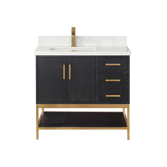 Wildy 36" Single Bathroom Vanity Set in Black Oak with Grain White Engineered Stone Countertop without Mirror