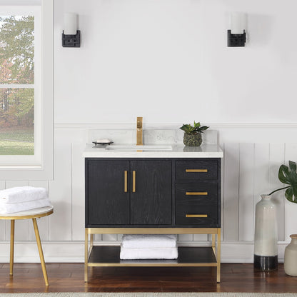 Wildy 36" Single Bathroom Vanity Set in Black Oak with Grain White Engineered Stone Countertop without Mirror