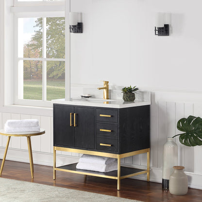 Wildy 36" Single Bathroom Vanity Set in Black Oak with Grain White Engineered Stone Countertop without Mirror