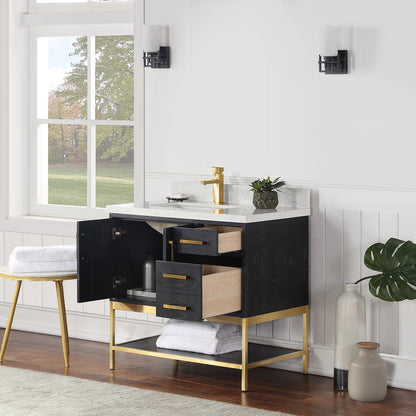 Wildy 36" Single Bathroom Vanity Set in Black Oak with Grain White Engineered Stone Countertop without Mirror
