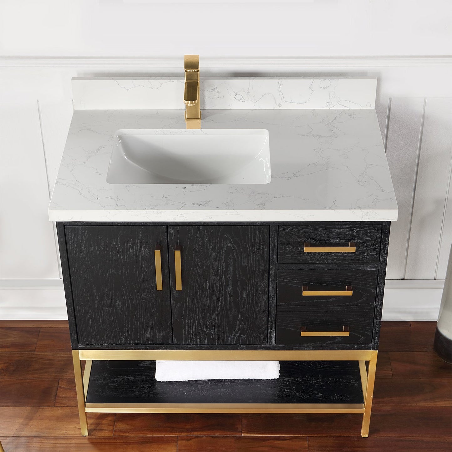 Wildy 36" Single Bathroom Vanity Set in Black Oak with Grain White Engineered Stone Countertop without Mirror
