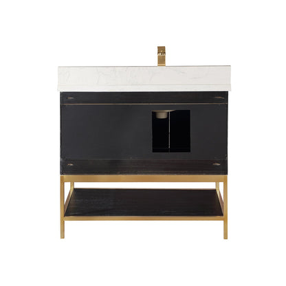 Wildy 36" Single Bathroom Vanity Set in Black Oak with Grain White Engineered Stone Countertop without Mirror