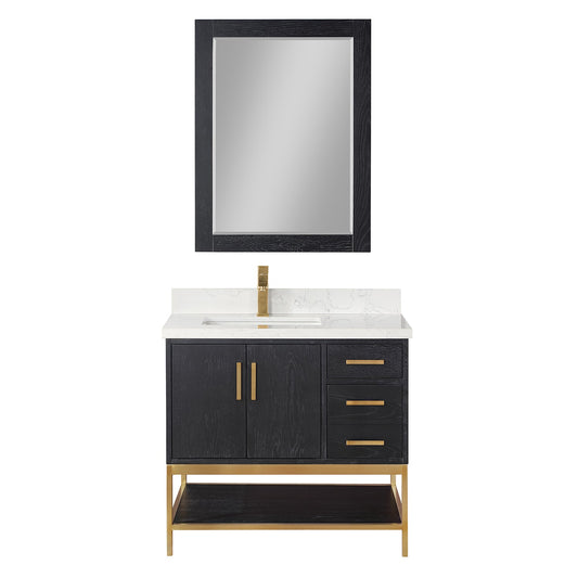 Wildy 36" Single Bathroom Vanity Set in Black Oak with Grain White Engineered Stone Countertop with Mirror