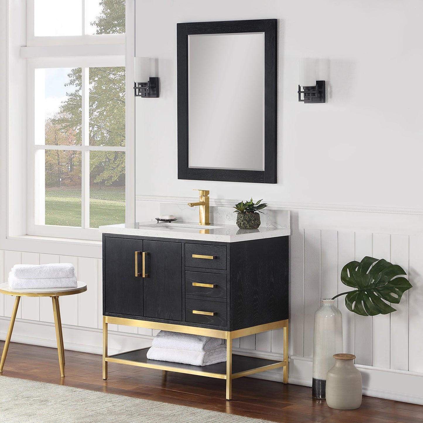 Wildy 36" Single Bathroom Vanity Set in Black Oak with Grain White Engineered Stone Countertop with Mirror