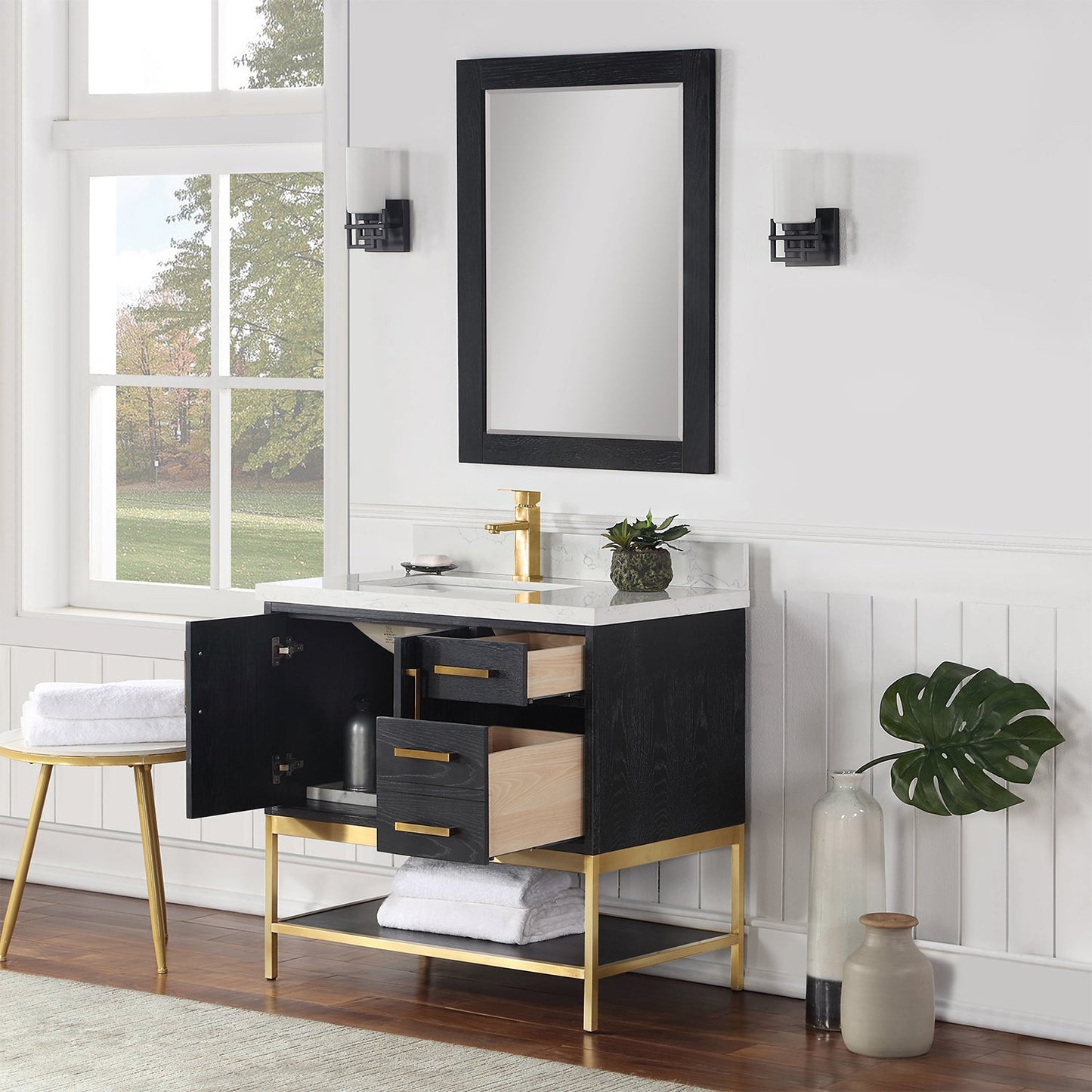 Wildy 36" Single Bathroom Vanity Set in Black Oak with Grain White Engineered Stone Countertop with Mirror