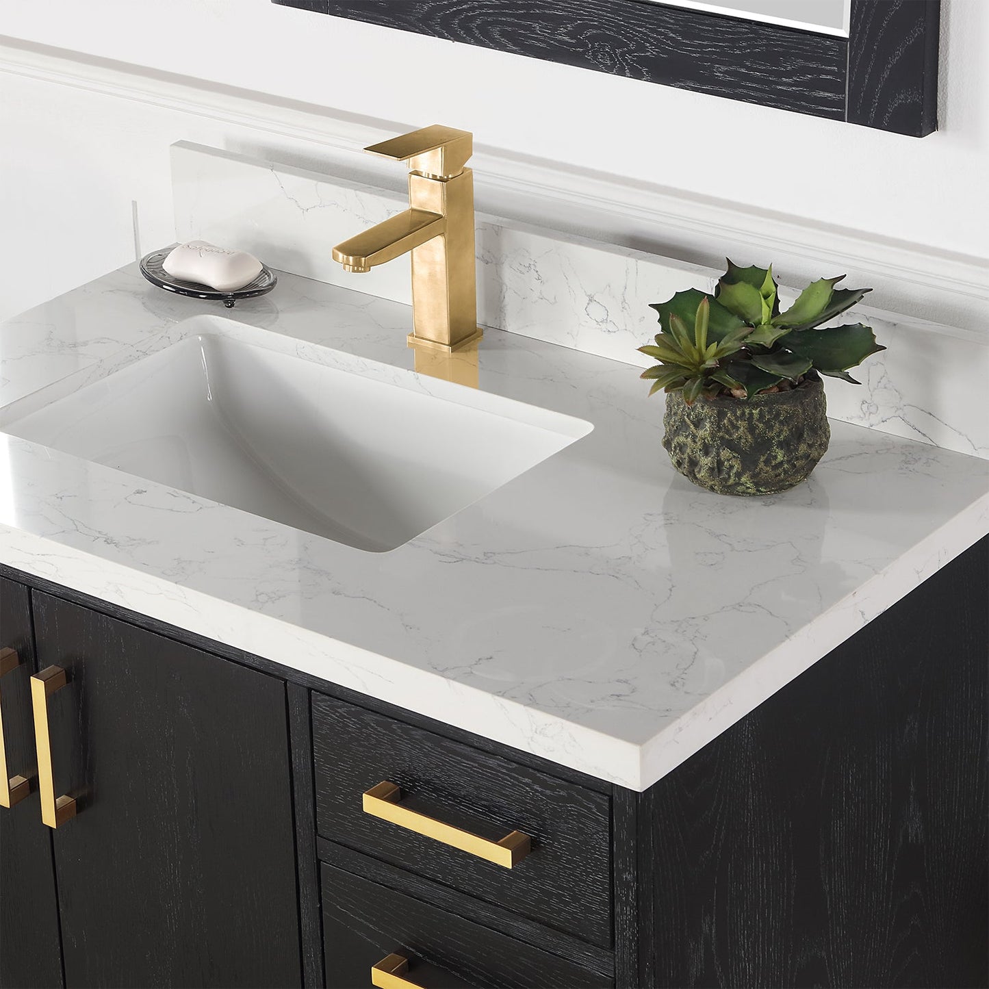 Wildy 36" Single Bathroom Vanity Set in Black Oak with Grain White Engineered Stone Countertop with Mirror