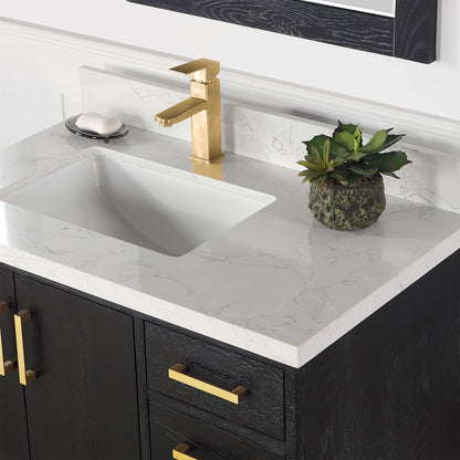 Wildy 36" Single Bathroom Vanity Set in Black Oak with Grain White Engineered Stone Countertop with Mirror