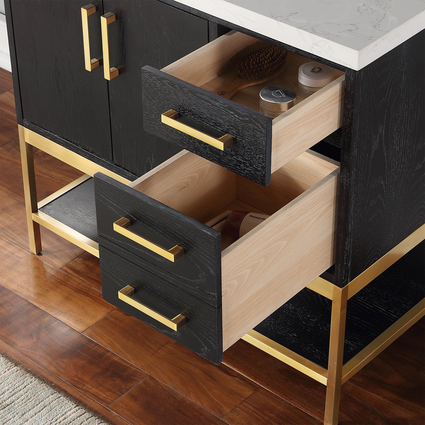 Wildy 36" Single Bathroom Vanity Set in Black Oak with Grain White Engineered Stone Countertop with Mirror