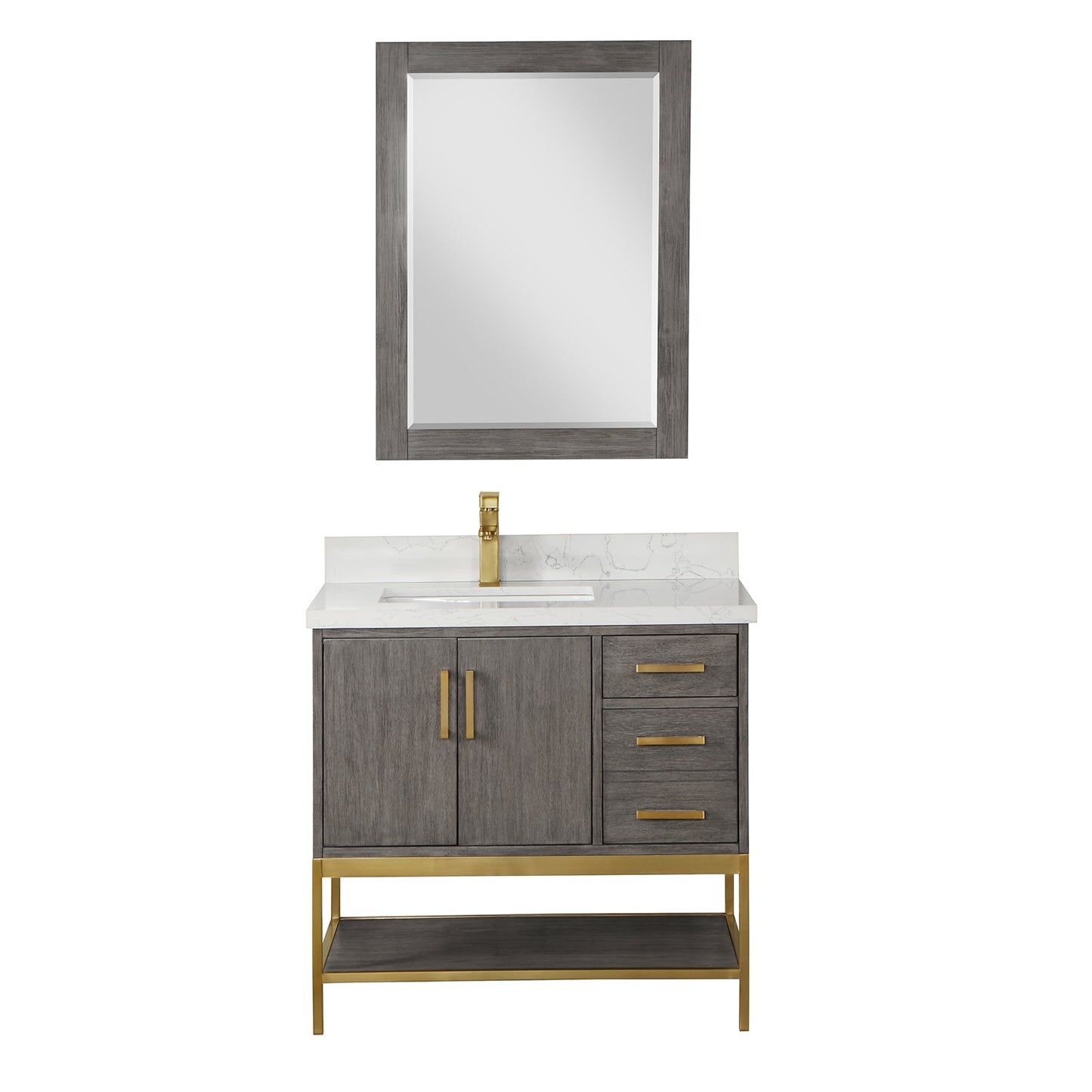 Wildy 36" Single Bathroom Vanity Set in Classical Grey with Grain White Engineered Stone Countertop with Mirror