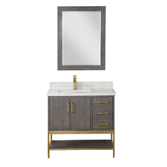 Wildy 36" Single Bathroom Vanity Set in Classical Grey with Grain White Engineered Stone Countertop with Mirror
