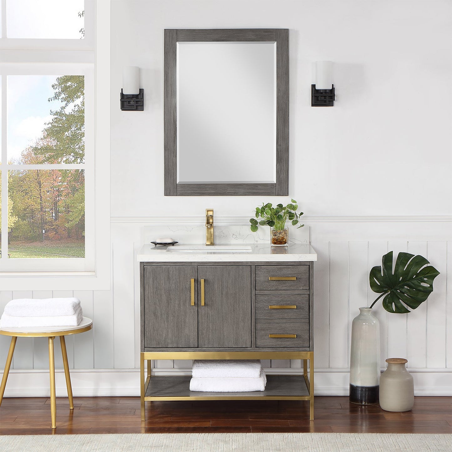 Wildy 36" Single Bathroom Vanity Set in Classical Grey with Grain White Engineered Stone Countertop with Mirror