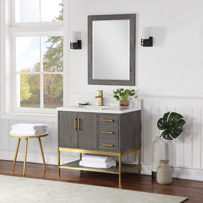 Wildy 36" Single Bathroom Vanity Set in Classical Grey with Grain White Engineered Stone Countertop with Mirror