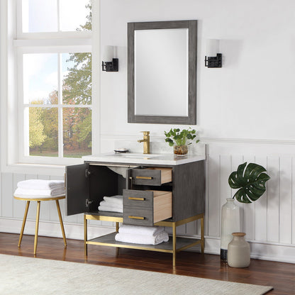 Wildy 36" Single Bathroom Vanity Set in Classical Grey with Grain White Engineered Stone Countertop with Mirror