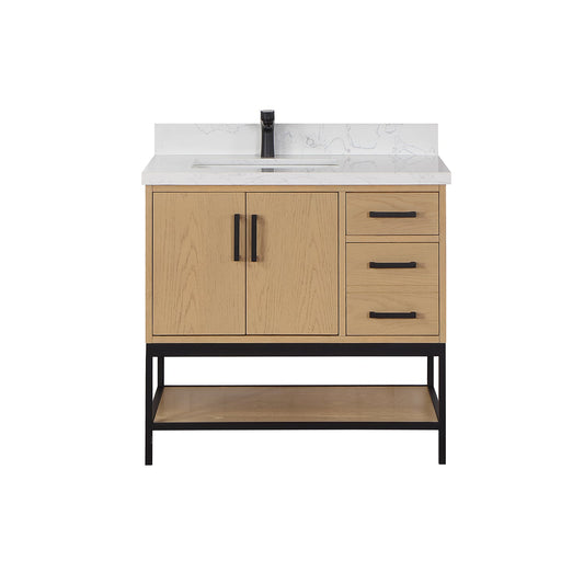 Wildy 36" Single Bathroom Vanity Set in Washed Oak with Grain White Engineered Stone Countertop without Mirror