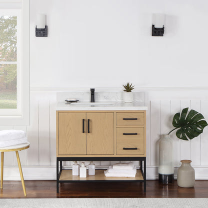 Wildy 36" Single Bathroom Vanity Set in Washed Oak with Grain White Engineered Stone Countertop without Mirror