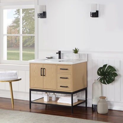 Wildy 36" Single Bathroom Vanity Set in Washed Oak with Grain White Engineered Stone Countertop without Mirror