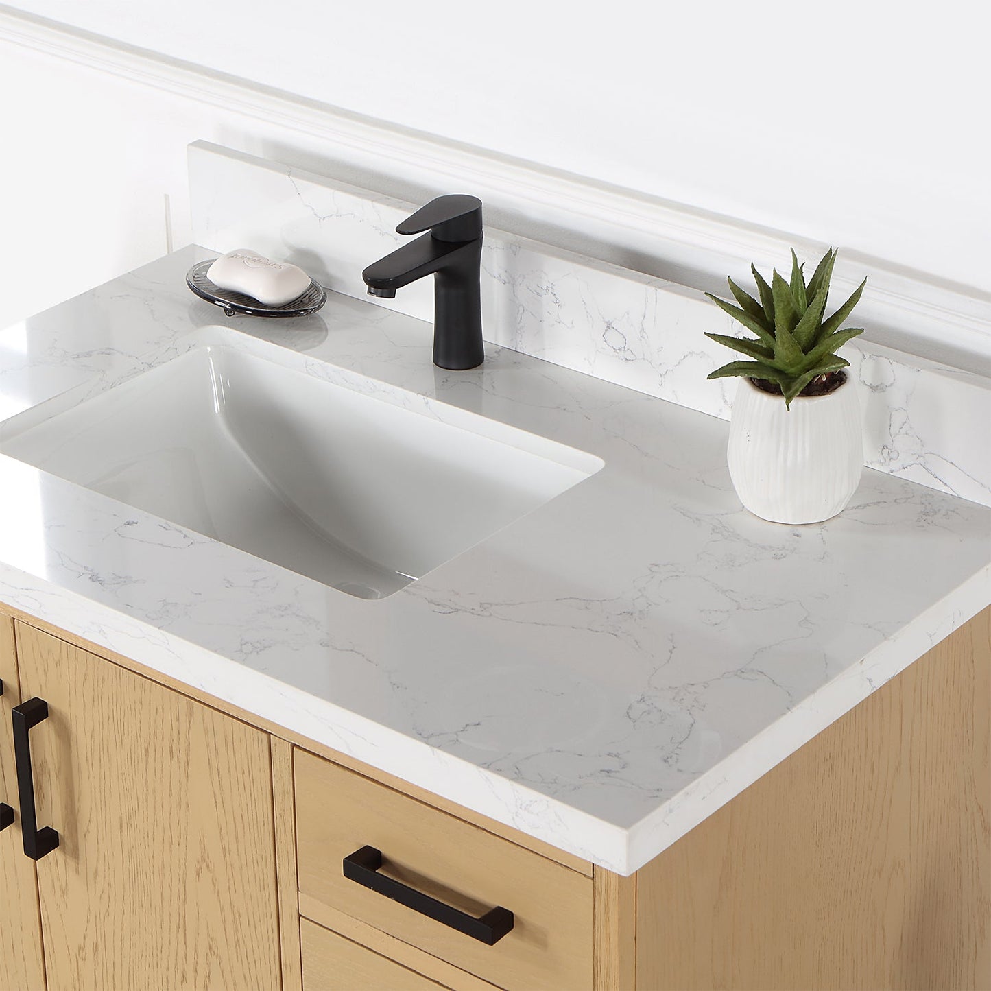 Wildy 36" Single Bathroom Vanity Set in Washed Oak with Grain White Engineered Stone Countertop without Mirror