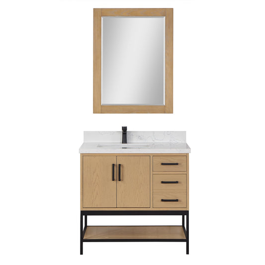 Wildy 36" Single Bathroom Vanity Set in Washed Oak with Grain White Engineered Stone Countertop with Mirror