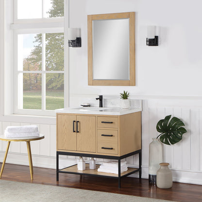 Wildy 36" Single Bathroom Vanity Set in Washed Oak with Grain White Engineered Stone Countertop with Mirror