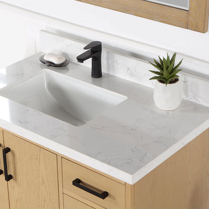 Wildy 36" Single Bathroom Vanity Set in Washed Oak with Grain White Engineered Stone Countertop with Mirror