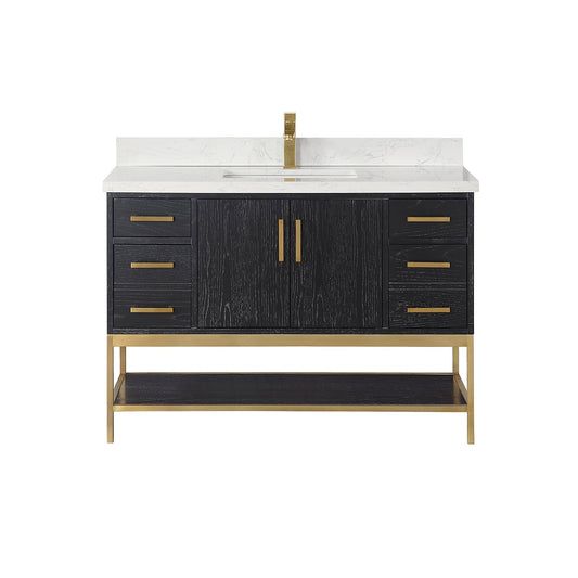 Wildy 48" Single Bathroom Vanity Set in Black Oak with Grain White Engineered Stone Countertop without Mirror