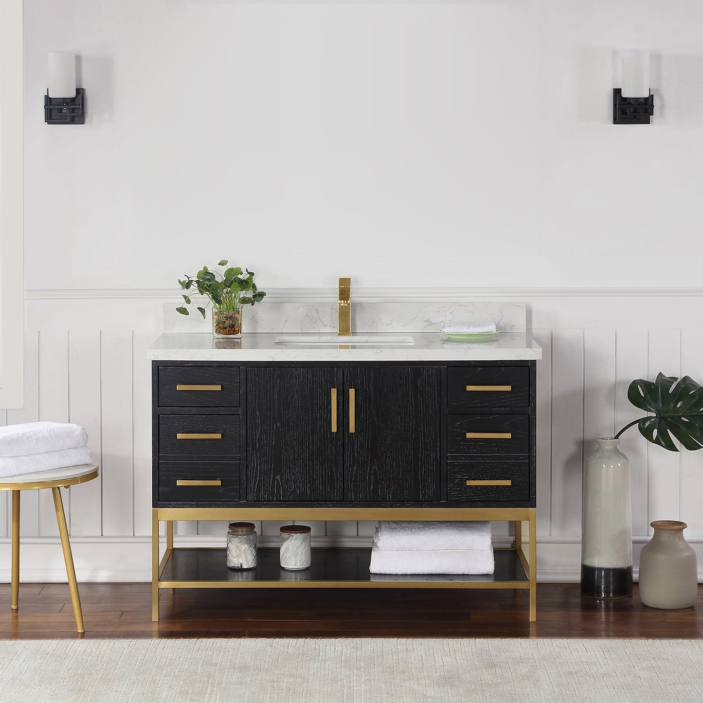 Wildy 48" Single Bathroom Vanity Set in Black Oak with Grain White Engineered Stone Countertop without Mirror