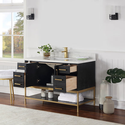 Wildy 48" Single Bathroom Vanity Set in Black Oak with Grain White Engineered Stone Countertop without Mirror