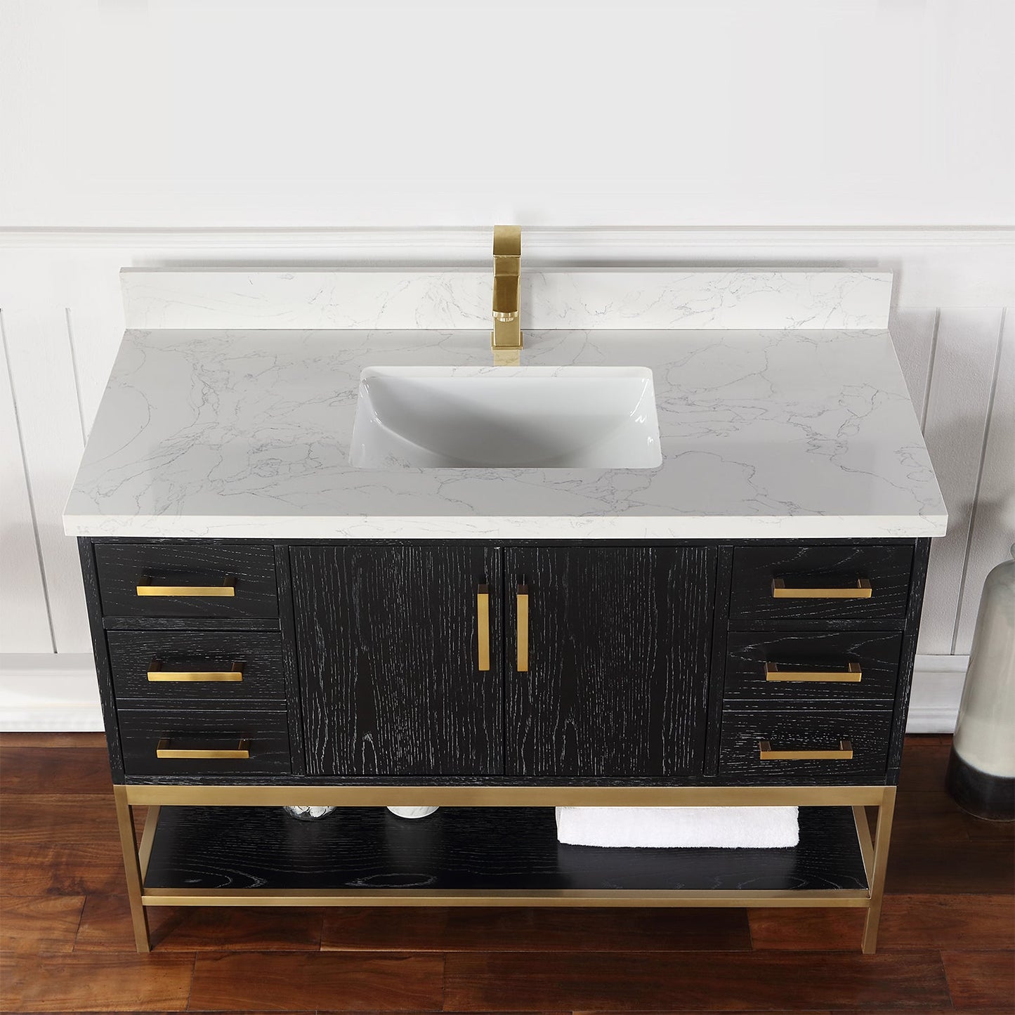 Wildy 48" Single Bathroom Vanity Set in Black Oak with Grain White Engineered Stone Countertop without Mirror