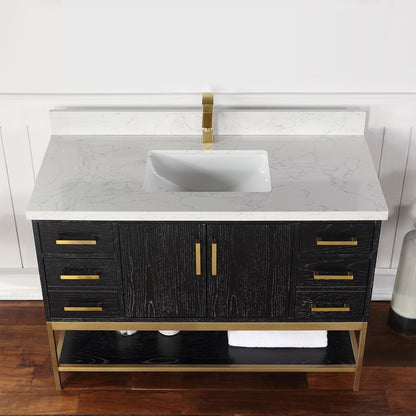Wildy 48" Single Bathroom Vanity Set in Black Oak with Grain White Engineered Stone Countertop without Mirror
