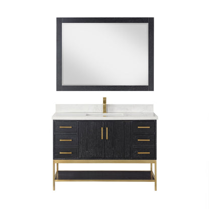 Wildy 48" Single Bathroom Vanity Set in Black Oak with Grain White Engineered Stone Countertop with Mirror