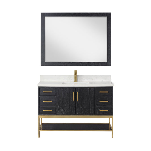 Wildy 48" Single Bathroom Vanity Set in Black Oak with Grain White Engineered Stone Countertop with Mirror