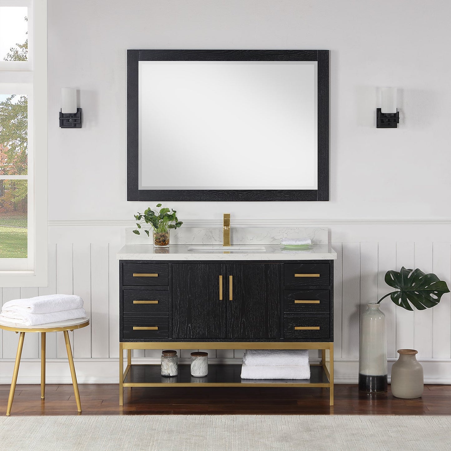 Wildy 48" Single Bathroom Vanity Set in Black Oak with Grain White Engineered Stone Countertop with Mirror