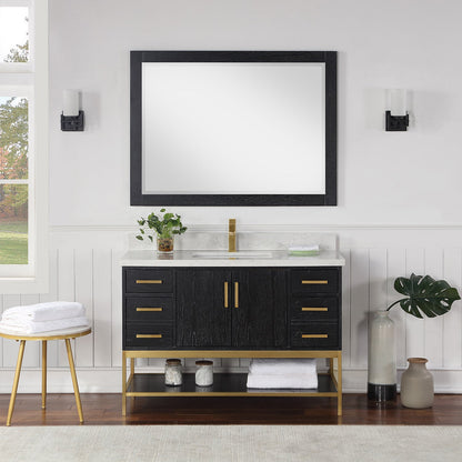 Wildy 48" Single Bathroom Vanity Set in Black Oak with Grain White Engineered Stone Countertop with Mirror
