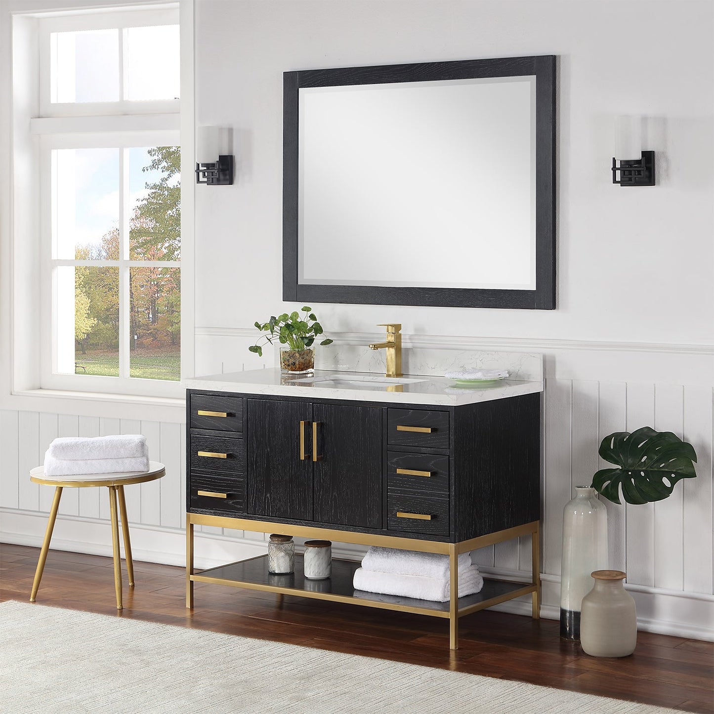 Wildy 48" Single Bathroom Vanity Set in Black Oak with Grain White Engineered Stone Countertop with Mirror