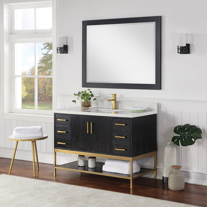 Wildy 48" Single Bathroom Vanity Set in Black Oak with Grain White Engineered Stone Countertop with Mirror