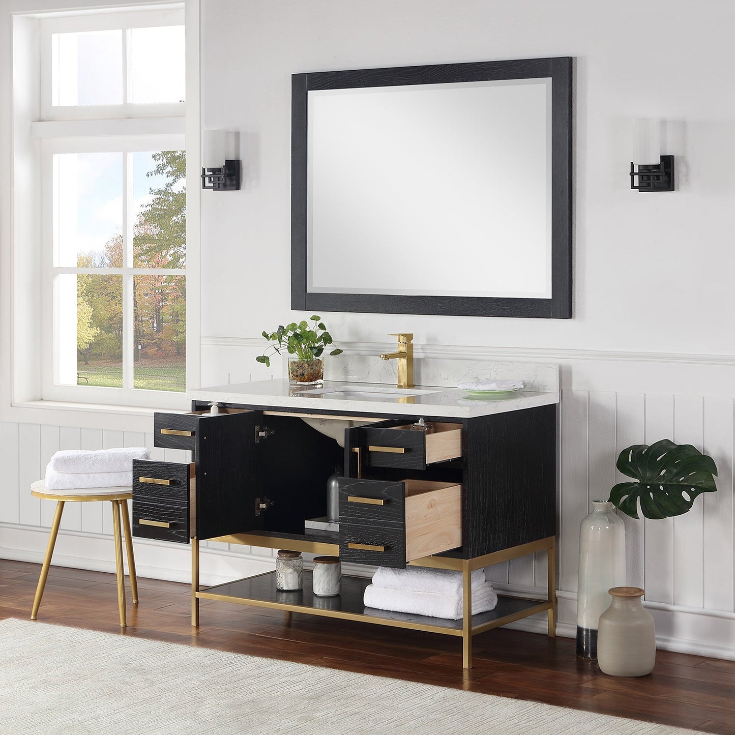 Wildy 48" Single Bathroom Vanity Set in Black Oak with Grain White Engineered Stone Countertop with Mirror