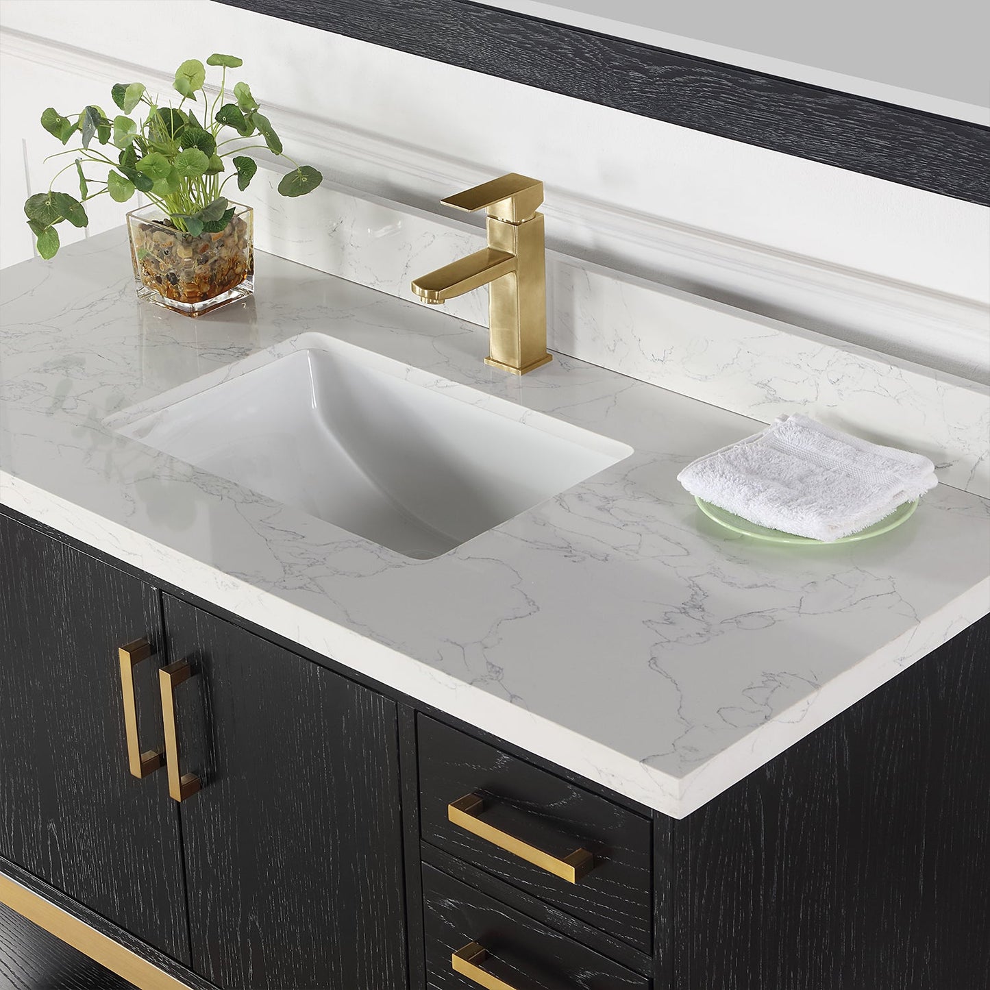 Wildy 48" Single Bathroom Vanity Set in Black Oak with Grain White Engineered Stone Countertop with Mirror