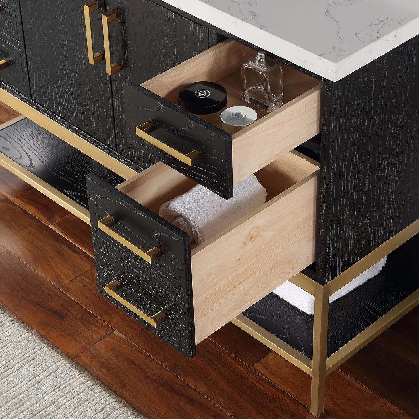 Wildy 48" Single Bathroom Vanity Set in Black Oak with Grain White Engineered Stone Countertop with Mirror