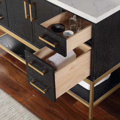 Wildy 48" Single Bathroom Vanity Set in Black Oak with Grain White Engineered Stone Countertop with Mirror