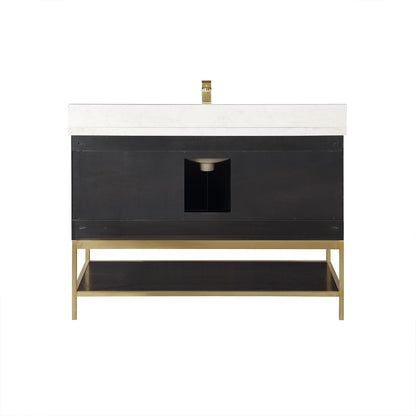 Wildy 48" Single Bathroom Vanity Set in Black Oak with Grain White Engineered Stone Countertop with Mirror