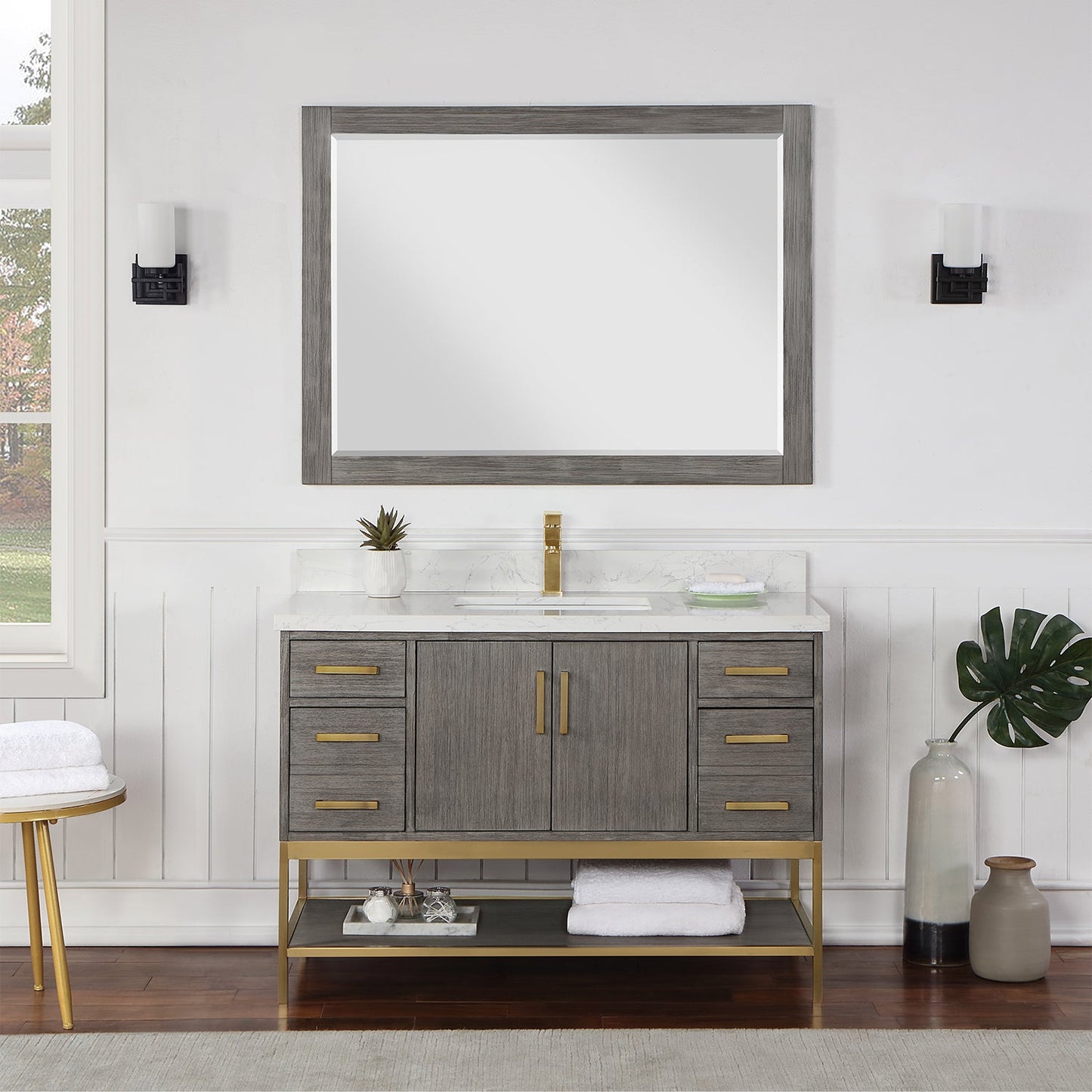 Wildy 48" Single Bathroom Vanity Set in Classical Grey with Grain White Engineered Stone Countertop with Mirror