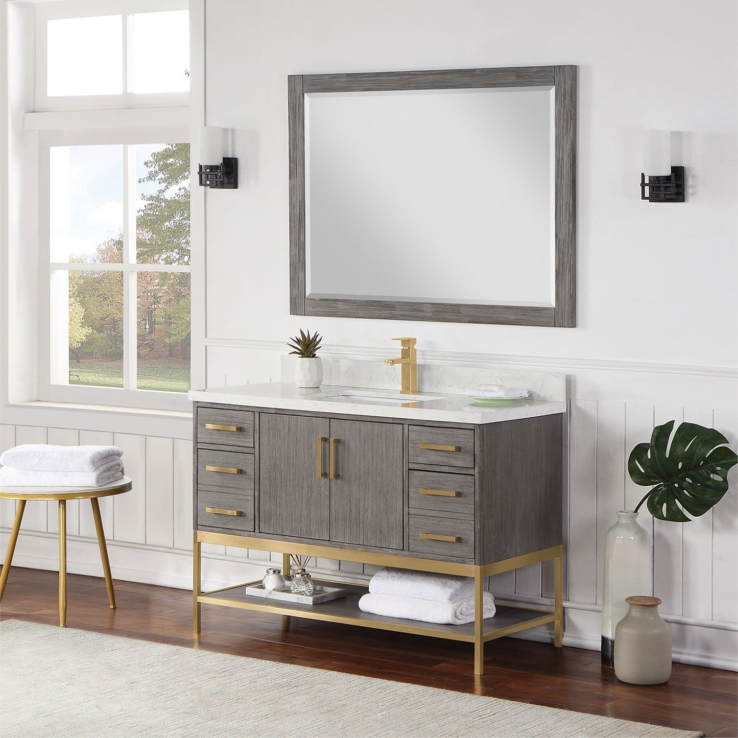 Wildy 48" Single Bathroom Vanity Set in Classical Grey with Grain White Engineered Stone Countertop with Mirror