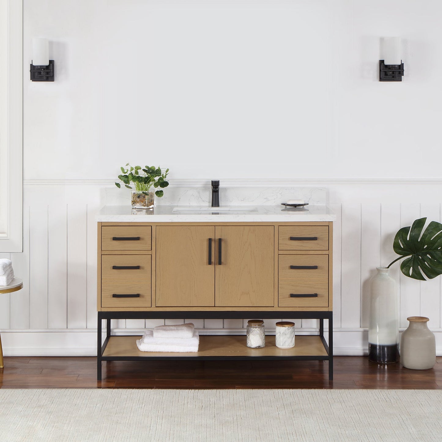 Wildy 48" Single Bathroom Vanity Set in Washed Oak with Grain White Engineered Stone Countertop without Mirror