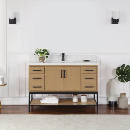 Wildy 48" Single Bathroom Vanity Set in Washed Oak with Grain White Engineered Stone Countertop without Mirror